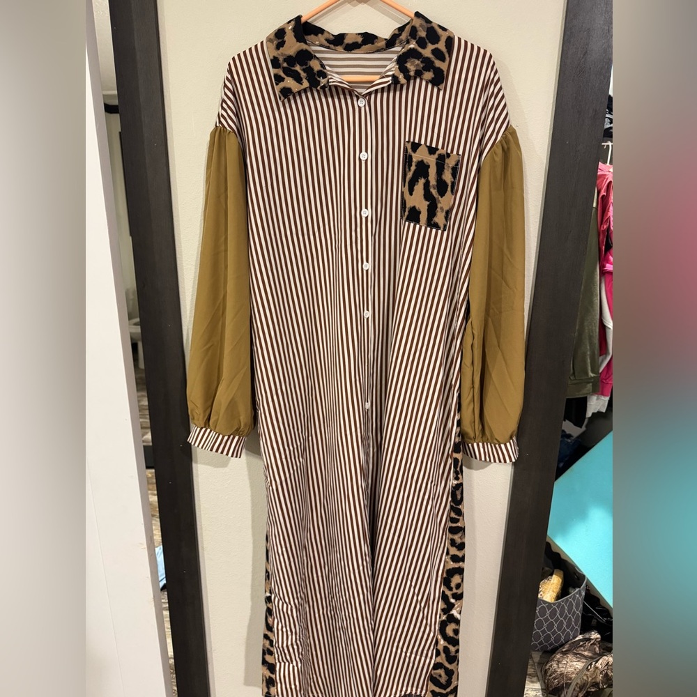 SHEIN Brown Striped Button-Down Dress with Leopard Accents